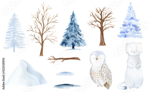 Watercolor woodland animal illustration. Arctic baby animals. Owls and weasel animal graphics with mountains, trees.  Cute deer, forest illustration, snowflakes and stars background. Holiday graphics