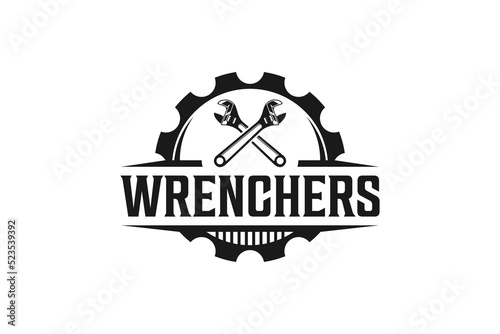 Gear wrench industrial logo design rounded shape badge illustration metal work repair industry icon symbol