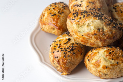 Delicious Turkish food; dill cheese pastry, Turkish name; dere otlu peynirli pogaca photo