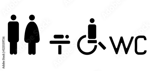 Wayfinding vector signs. Wc toilet signs. Black silhouettes of man, woman, man in a wheelchair. WC navigation vector set