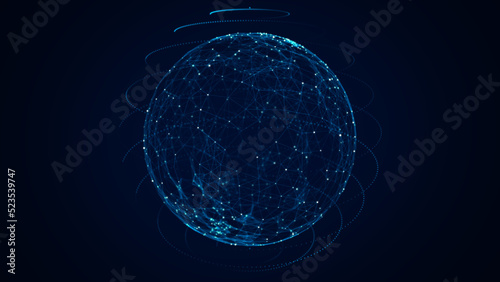 Technology blue sphere with connecting dots and lines. Digital abstract network structure. 3D rendering.