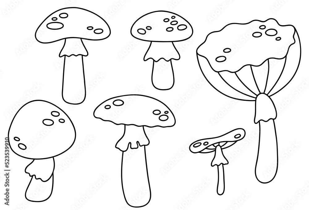 Doodle set - mushrooms. Vector outline illustration for coloring page ...