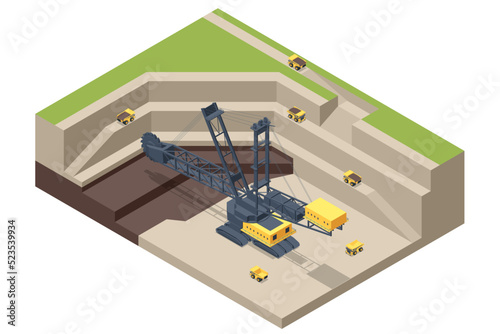 Isometric mining quarry, mine with large quarry dump truck and Bucket-wheel excavator. Coal mine. Equipment for high-mining industry. Bucket-wheel excavator mining lignite