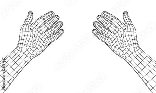 Polygonal Mesh or Wireframe Hands With Open Palms in Front of Viewer. VR or Virtual Reality Concept With First Persont Point of View