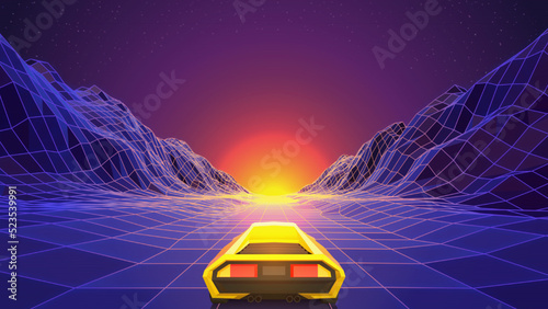 Yellow Sport Car Racing to the Sunset Through Polygonal Mountain Valley. Retro Futuristic Template in 80S Style. Synthwave, Retrowave Theme