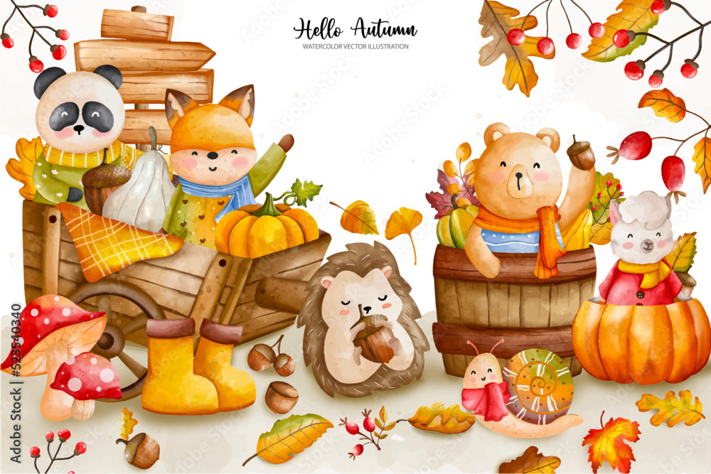 Fototapeta premium Animal autumn watercolor, Thanksgiving Vector illustration, FAll theme set, Thanksgiving day..