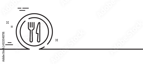 Food line icon. Dish plate with fork and knife sign. Eat at restaurant symbol. Minimal line illustration background. Food line icon pattern banner. White web template concept. Vector