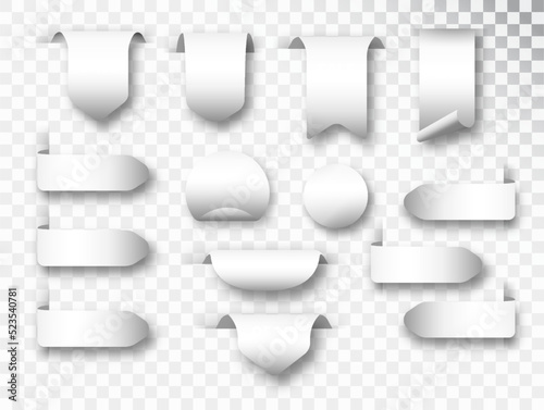 White stickers different shaped stickers and flags realistic set. Blank of notes for labeling information. Vector illustration isolated on transparent backgroun.