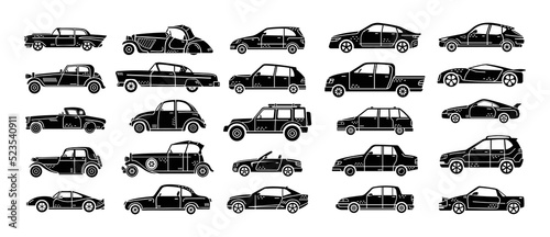 Vector set of hand-drawn illustrations of cars. Personal vehicles.