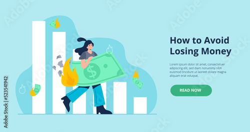Inflation concept. Financial and economic crisis. Personal budget expenditures. A young woman loses his money and savongs. Vector flat illustration from landing page or banner.