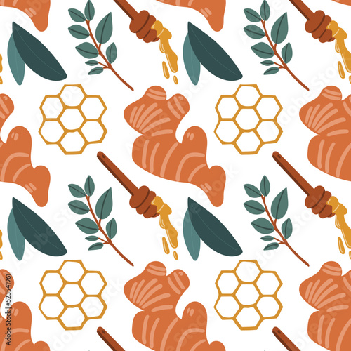 Seamless pattern with ginger and honey. A healthy drink, tea for health