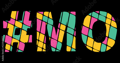MO Hashtag. Tricolor isolated letters from contrast flowing fluid shapes. 3 colored Hashtag #MO is abbreviation for the US American state Missouri for social network, web resources, mobile app