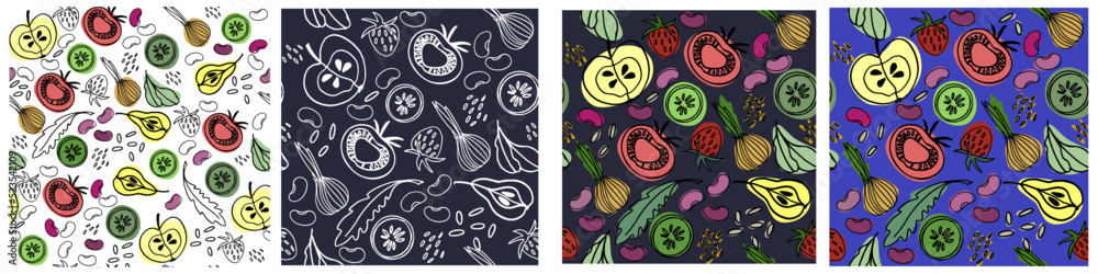 Seamless patterns set with vegetables, beans and greens for surface design, posters, illustrations. Isolated elements on white background. Healthy carb foods, vegan theme Seamless patterns set with vegetables, beans and greens for surface design, posters, illustrations. Isolated elements on white background. Healthy carb foods, vegan theme