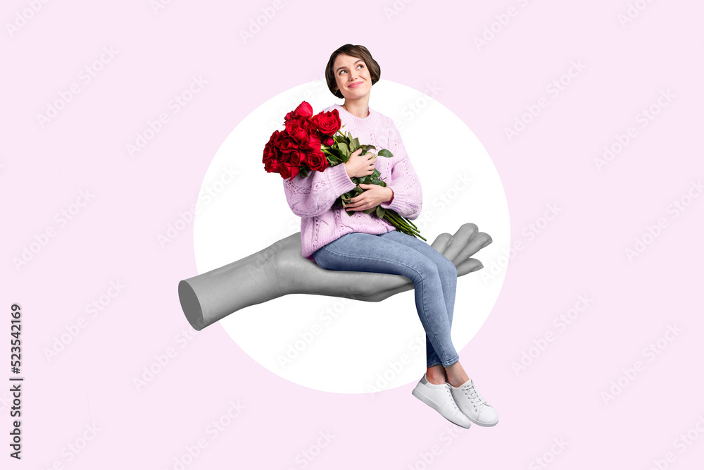 Collage photo of young dreamy happy attractive girl sitting hand abstract love story isolated on painted background Collage photo of young dreamy happy attractive girl sitting hand abstract love story isolated on painted background