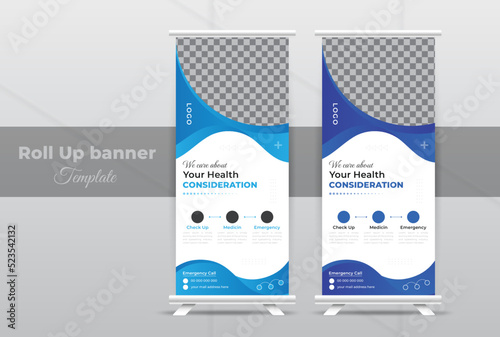 Creative medical health care and medical roll up design, standee and banner template for exhibition, printing, presentation