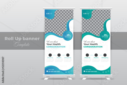 Modern abstract medical clinic roll up banner, creative minimal x banner stand for commercial design
