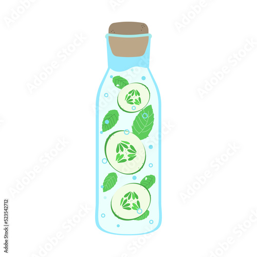 Detox water with cucumber and mint. Vector illustration of a water bottle with cucumber slices and mint leaves. Drawing of water with vegetables for healthy eating for a print or article. 