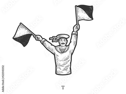 Sailor mariner show flag semaphore alphabet letter T sketch engraving vector illustration. T-shirt apparel print design. Scratch board imitation. Black and white hand drawn image.