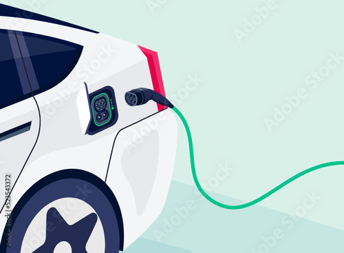 Opened electric car socket charger detail ready for charging. EV getting plugged with power electricity supply cable with mennekes type 2 connector plug. Battery vehicle charge. Vector illustration.