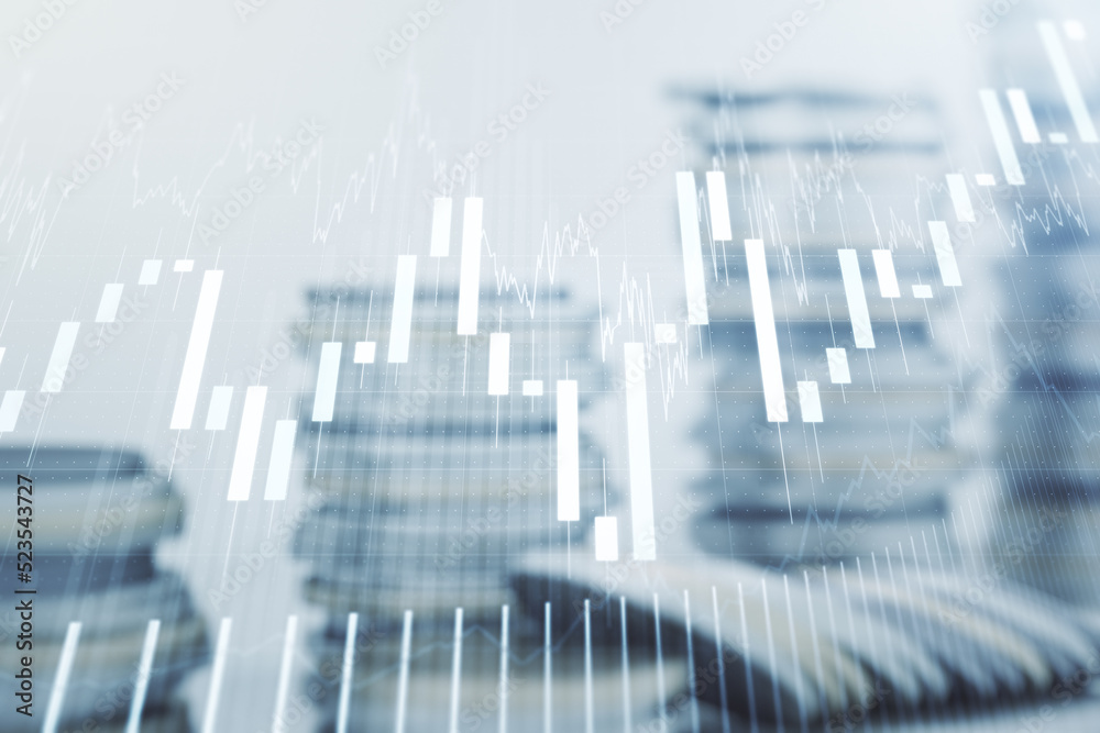 Multi exposure of virtual abstract financial graph interface on coins background, financial and trading concept Multi exposure of virtual abstract financial graph interface on coins background, financial and trading concept