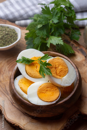 Boiled sliced egg, food photo