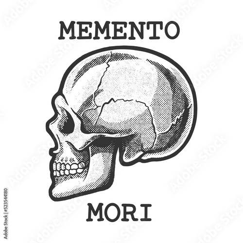 Fotografie Human skull with memento mori phrase artistic or symbolic trope sketch halftone pattern raster illustration