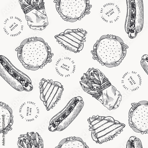 Fast food vintage seamless pattern. Cafe branding background. Vector illustration