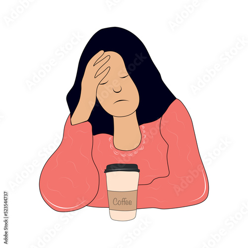 Vector isolated girl holding her head with her hand. Headache. Fatigue. Colorful flat illustration.