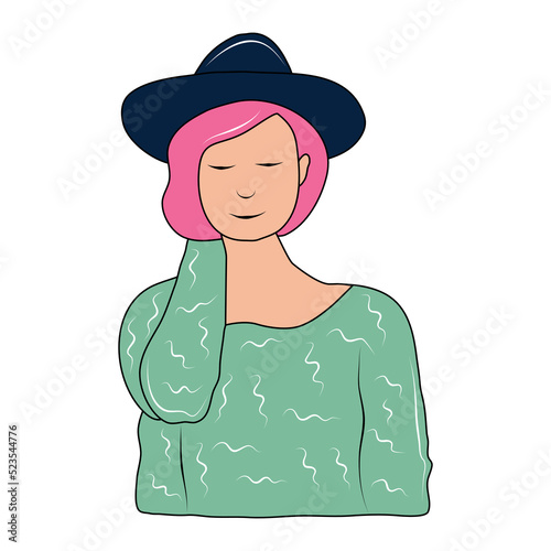 Vector isolated girl in a black hat and green sweater on a white background. Colorful illustration for your creativity.
