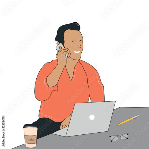 Vector isolated man in the office. Computer work. Talking on the phone. Cartoon character. Colorful flat illustration for your creativity.