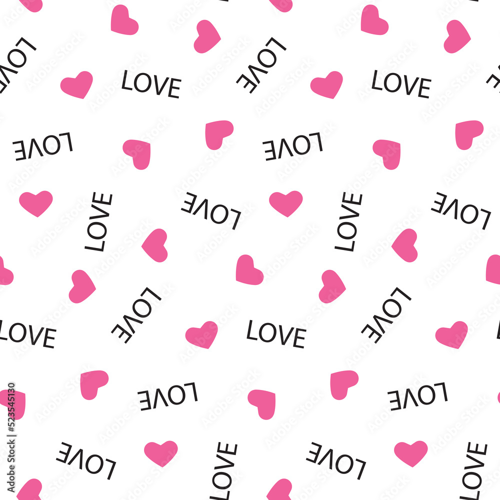 Simple romantic seamless pattern for valentine's day, pink heart and love text