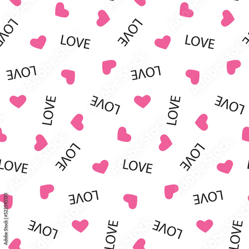 Simple romantic seamless pattern for valentine's day, pink heart and love text