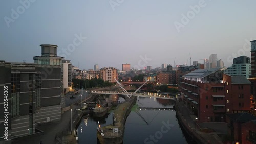 Aerial Drone shot of Leeds Docks at Sunrise