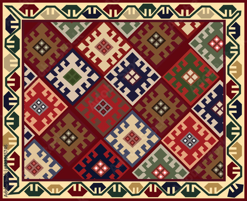 Carpet or rug in Turkish style- beautiful handmade textile product, element of the traditional home element in countries of Central Asian region. Uzbekistan culture. Turkish people. 