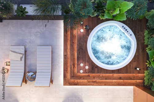 Luxury apartment terrace with hot tub hot tub. Wooden platform, plants, candles and LED light. 3d illustration photo