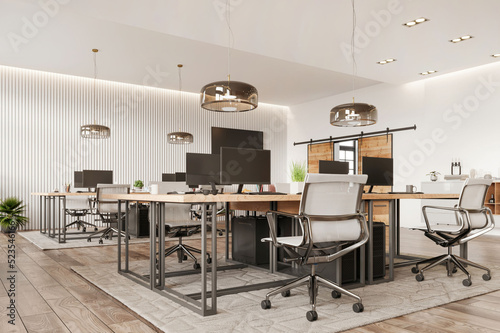 Modern open plan office interior with kitchen. Desktop computer, keyboard, wooden table, pendant lamp, parquet, white ceiling and decoration 3d rendering