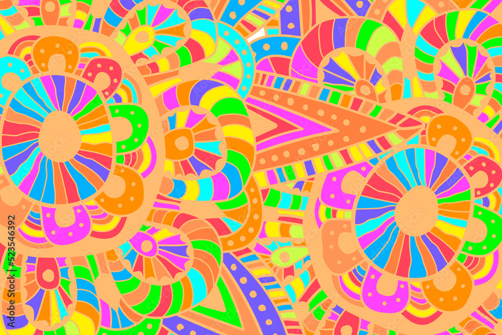 Psychedelic color abstract chaotic doodle illustration.