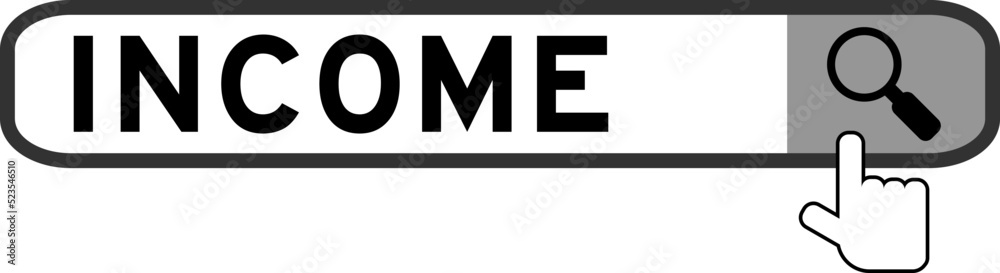 Search banner in word income with hand over magnifier icon on white background Search banner in word income with hand over magnifier icon on white background