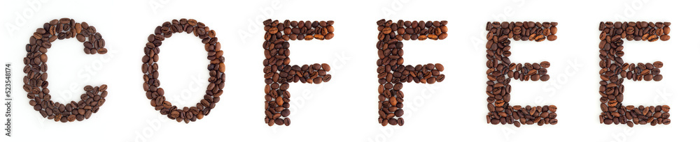 Word COFFEE from roasted coffee beans on white background. Word COFFEE from roasted coffee beans on white background.