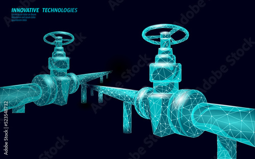 Petroleum gas pipeline low poly business concept. Finance economy polygonal petrochemical production plant. Valve propane pipeline. Ecology solution blue vector illustration