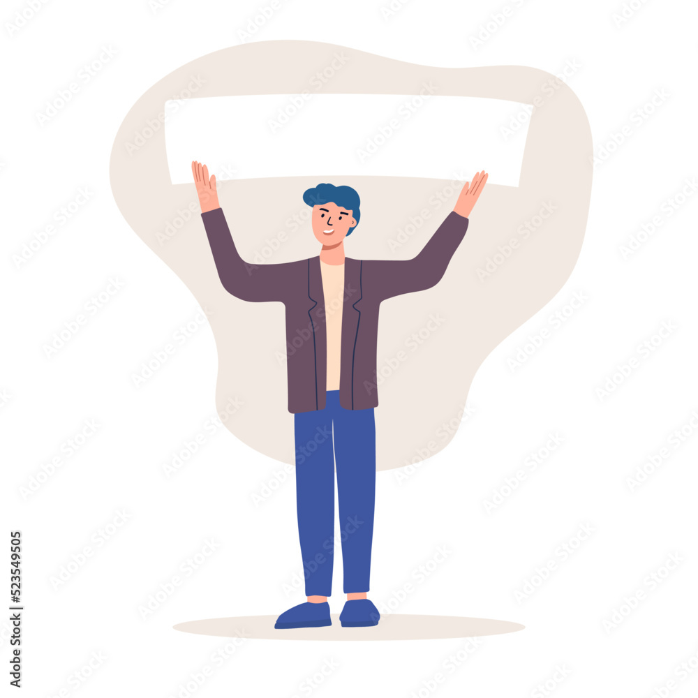 man is an activist holding a blank banner. Protest for human rights and social equality. Advertising template or ad. Participation in a peaceful demonstration. Vector flat.