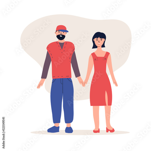 A boy and a girl holding hands. Participation in a peaceful demonstration. Romantic walk. Vector flat.