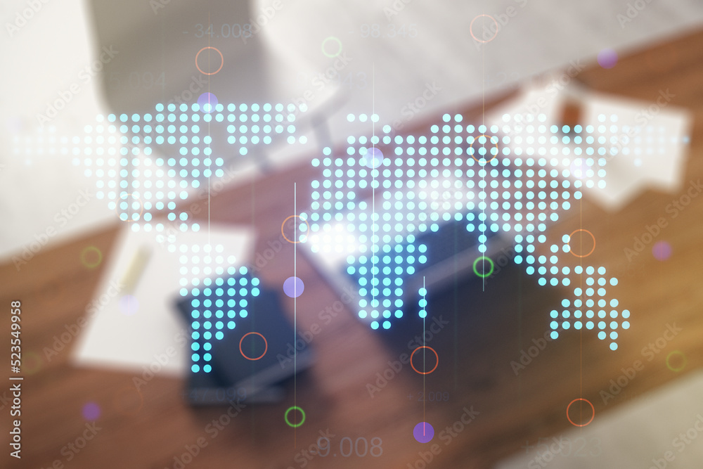 Multi exposure of abstract creative digital world map and modern desktop with laptop on background, research and analytics concept Multi exposure of abstract creative digital world map and modern desktop with laptop on background, research and analytics concept