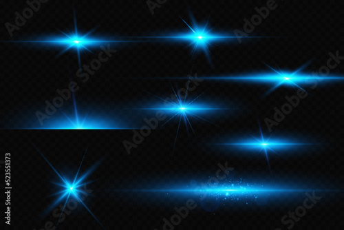 Bright particles, burning blue lights, stars, lasers. Vector.