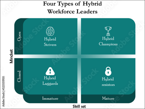 Four Types of Hybrid Workforce Leaders with Icons in a Matrix Infographic template