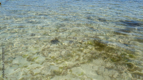 Fringing reef covered in sand. Transparent sea water.