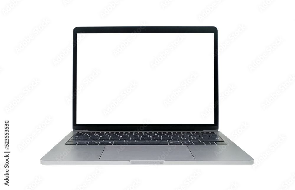Closeup laptop computer with blank white screen isolated on transparent background with clipping path Closeup laptop computer with blank white screen isolated on transparent background with clipping path