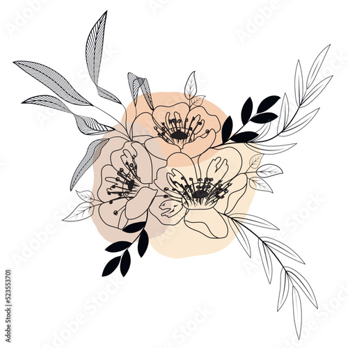 Stylized wild rose flowers and leaves drawn with lines and spots