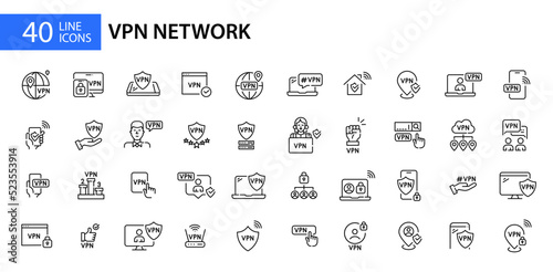 40 VPN secure network and user data protection icons. Pixel perfect, editable stroke