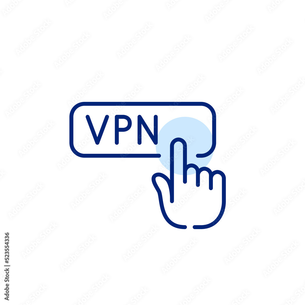 Finger clicking on VPN button. Pixel perfect, editable stroke line art icon Finger clicking on VPN button. Pixel perfect, editable stroke line art icon